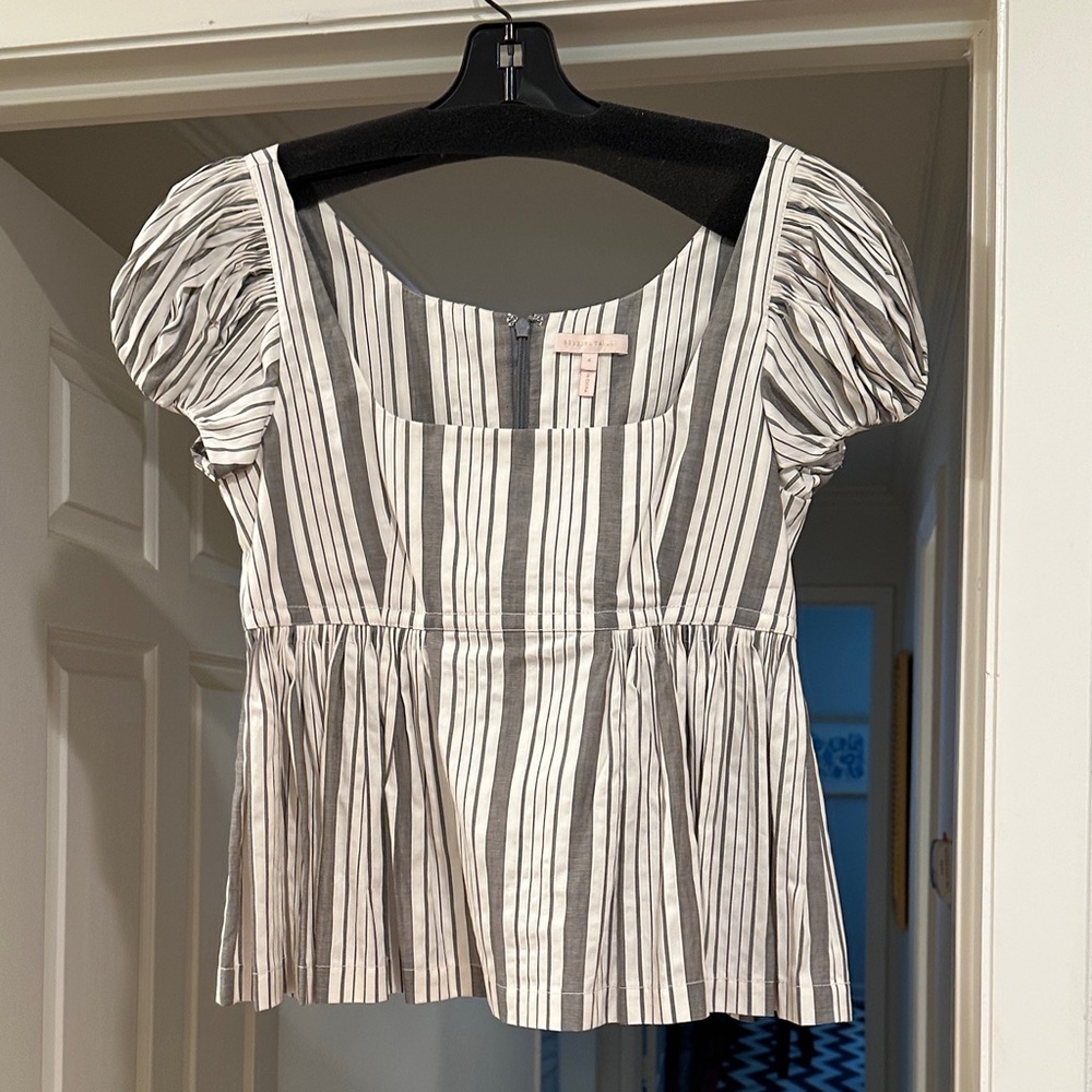 Rebecca Taylor White and Black Striped Peplum Puff Sleeve Top